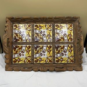 Vintage Ornate Wooden Tile Serving Tray w/ Handles